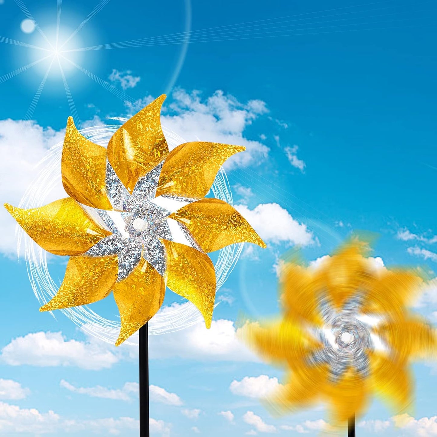 Hausse 10 Pack Reflective Pinwheels with Stakes, Extra Sparkly Pin Wheel for Garden Decor, Bird Repellent Devices Deterrent to Scare Birds Away from Yard Patio Farm, Golden