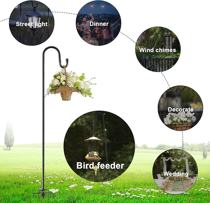 Bird Feeder Pole, 30 Inch & 5/8 Inch Diameter Stainless Steel Heavy Duty Shepherds Hooks for Outdoor to Hang Outdoor Lights with 5 Prongs Base, Rustproof for Garden Decor or Wedding Decors(Black)