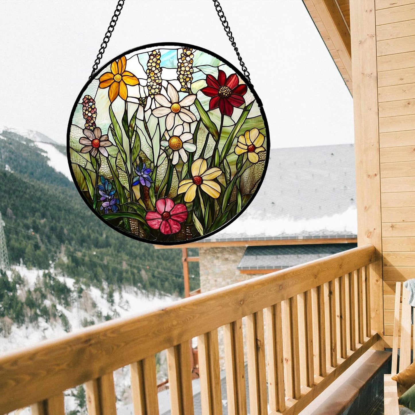 Stained Glass Window Hanging, Colorful Wildflowers Plant Scenery Suncatcher for Doors Window Home White Green Sun Catchers Decor Mother's Day Birthday Gifts for Women, Men Mom 7.8 in