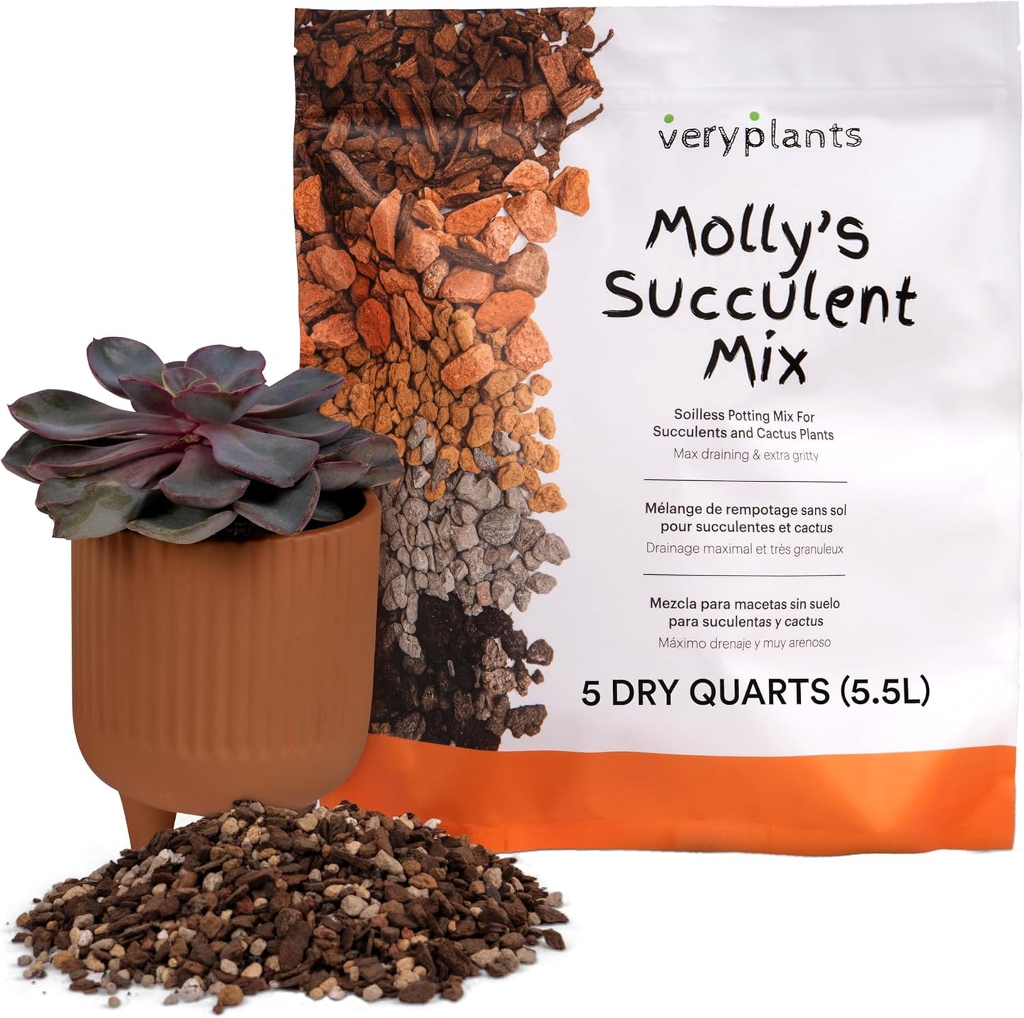 Molly's Succulent Mix - Premium Gritty Soilless Potting Mix for Succulents, Cactus and Bonsai - Contains Akadama, Hyuga, Bark Fines, Pumice, Lava Rock, Mycorrhizae 5 Dry Quarts