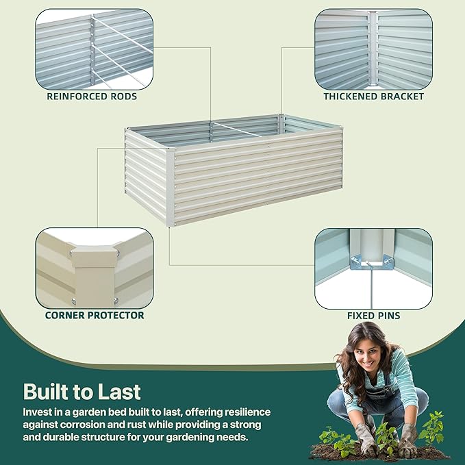 Raised Garden Bed 6x3x2ft, Galvanized Raised Garden Beds Outdoor for Vegetables Flowers Herbs, Steel Large Deep Planter Box, Tall Raised Garden Bed with 3ftx30ft Weed Barrier Fabric and Glove, Beige