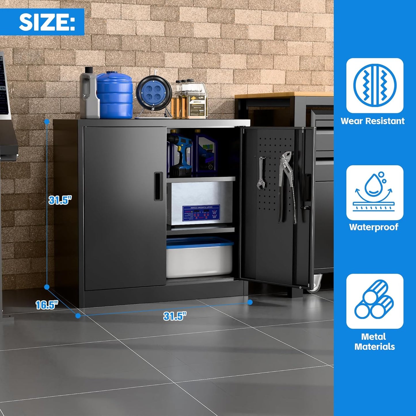 Metal Storage Cabinet, Garage Storage Cabinet with 2 Lockable Doors and 2 Adjustable Shelves, Steel File Cabinets with Lock and Pegboard for Home, School, Office, Garage, Black