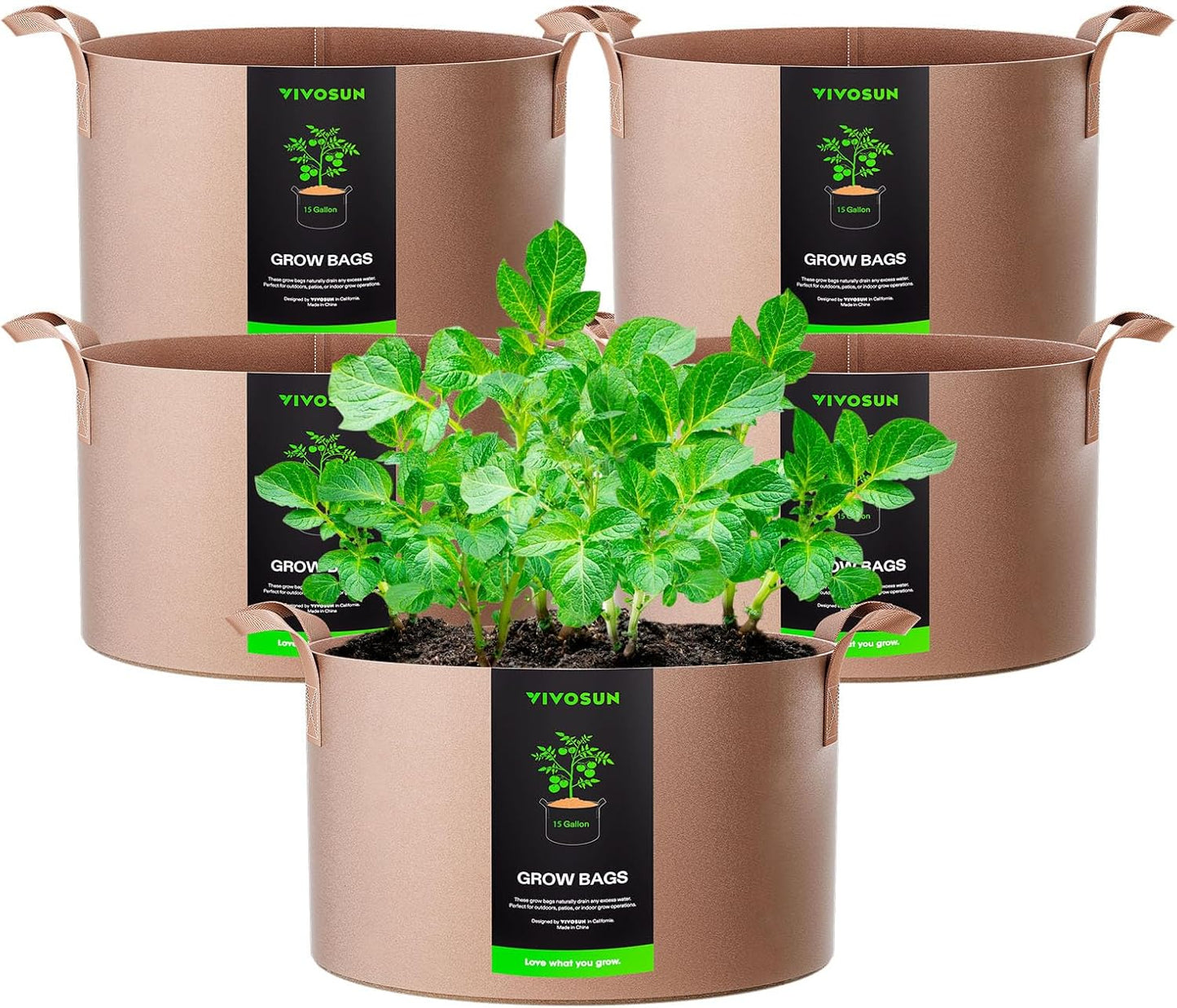 VIVOSUN 5-Pack 15 Gallons Grow Bags Heavy Duty Thickened Nonwoven Fabric Pots with Strap Handles Tan