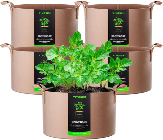 VIVOSUN 5-Pack 15 Gallons Grow Bags Heavy Duty Thickened Nonwoven Fabric Pots with Strap Handles Tan