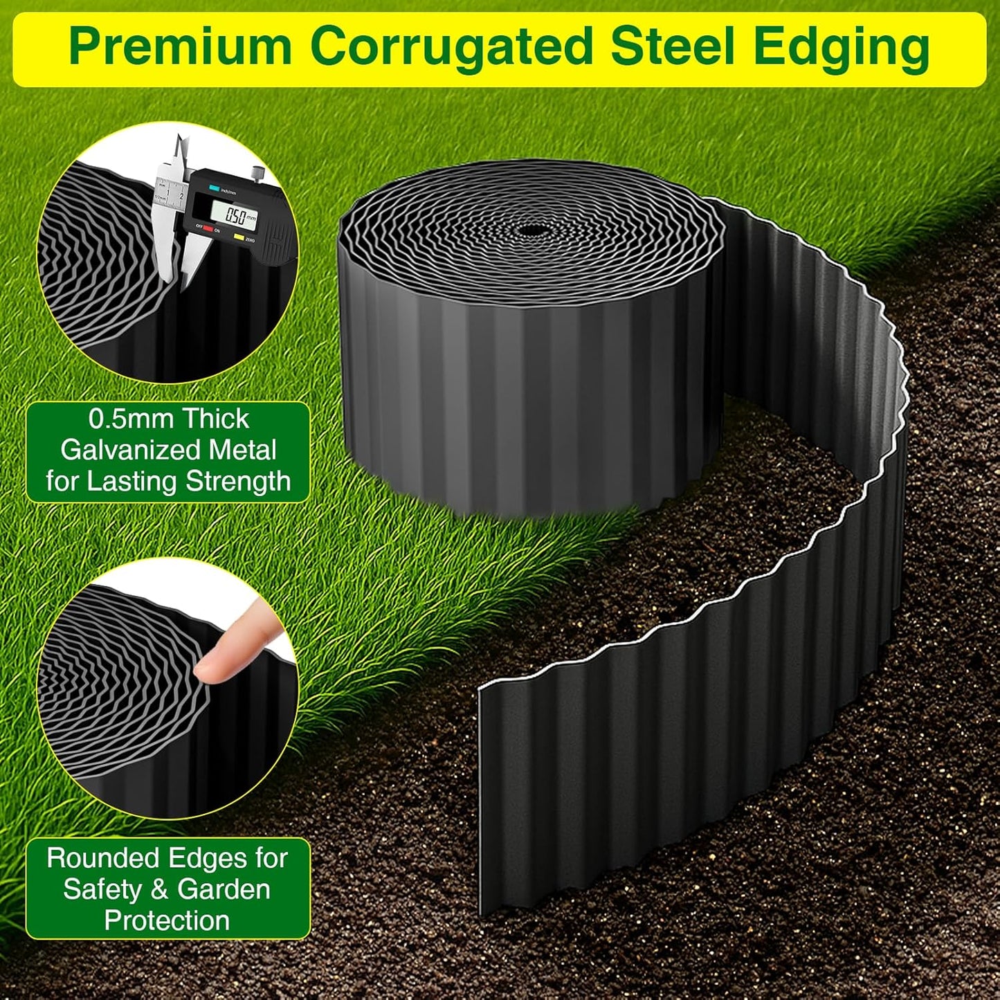 MIXC Corrugated Metal Garden Edging, Landscape Border for Lawn, Flower Bed & Paver (Black, 6 Inch × 25FT)