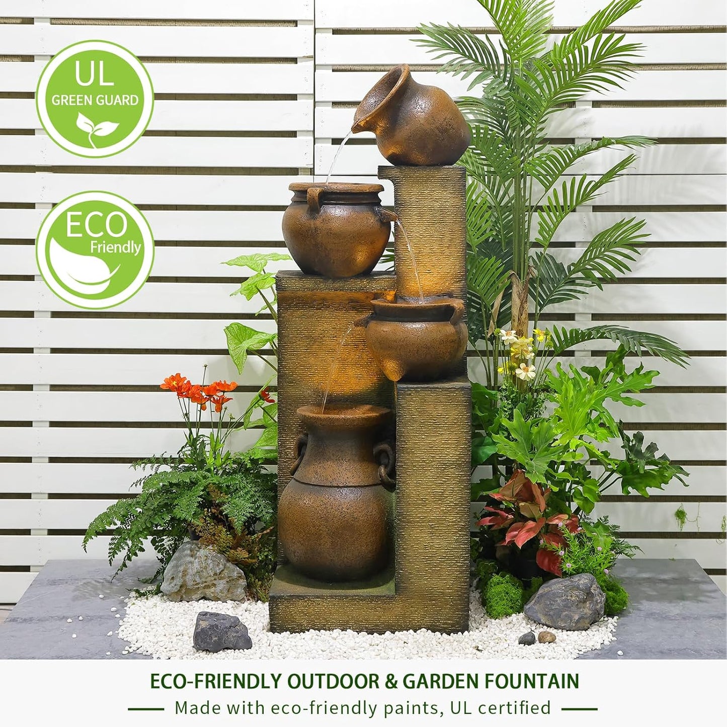 Water Fountain Outdoor Fountain with Lights - 53 Inches 4 Tiered Floor Standing Outdoor Water Fountains and Waterfalls for Garden, Patio, Backyard, Porch Home Art Decor