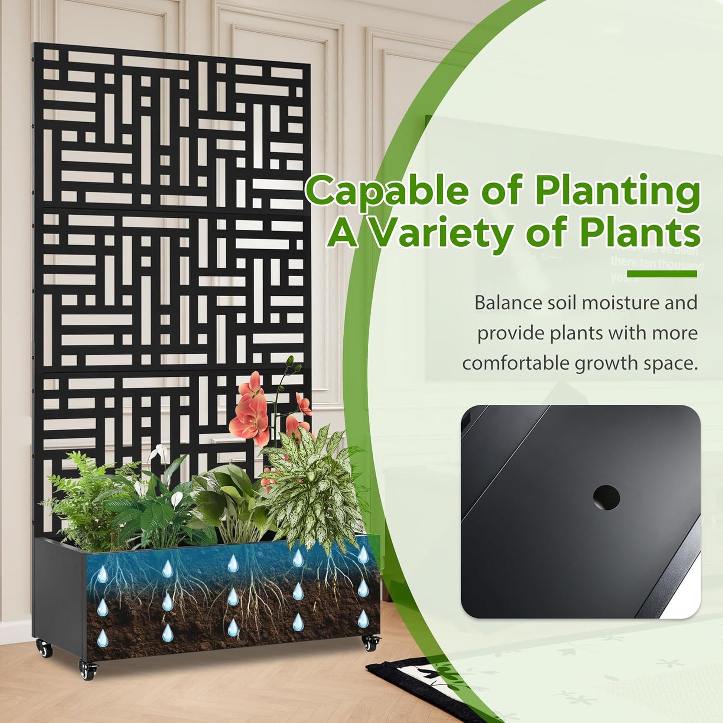 Metal Planter Box with Trellis,71”Raised Garden Bed with Trellis Privacy Screen and Drainage.Wheeled for Patio Flexibility,Perfect for Climbing Veggies/Flowers.DIY-Friendly Design