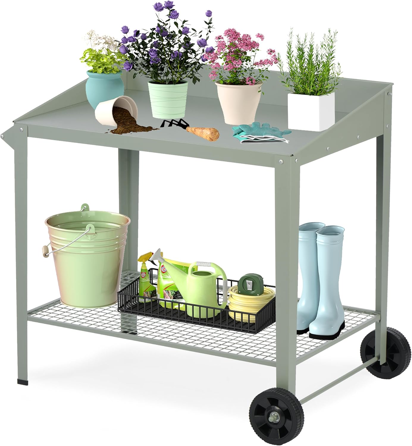 Outdoor Metal Potting Bench with Wheels, Heavy Duty Garden Workbench Table with Storage Shelf (Green, 36"x38.8")