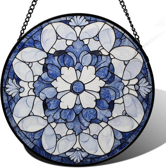 Stained Glass Window Hanging - Blue White Floral Pattern Suncatcher for Doors Garden Retro Sun Catchers Decor Christmas Mother's Day Birthday Gifts for Women Men Mom Nana Friend Girl 9.8 in