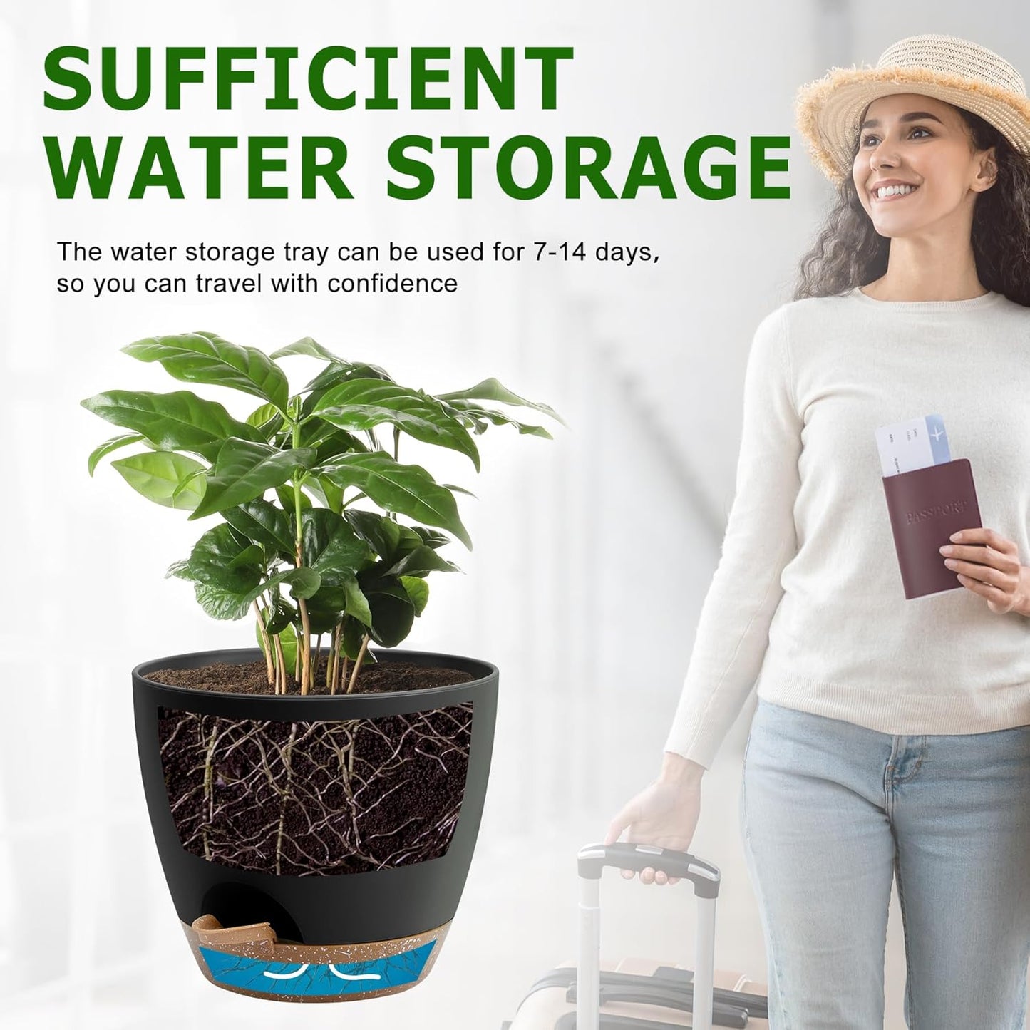 Plant Pots 10/9/8/7.5/7 Inch Self Watering Pots, Set of 5 Plastic Planters with Drainage Holes and Saucers,Plastic Flower Pots,Nursery Planting Pot for Indoor Out Door Plants(Black Brown)