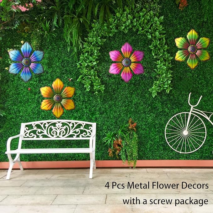 Gooyule Metal Flower Decor, 4-Pack Metal Floral Wall Decor 7 * 6.3 in Colorful Flower Wall Art Indoor Outdoor Hanging Wall Decor Set for Home Office Garden Yard