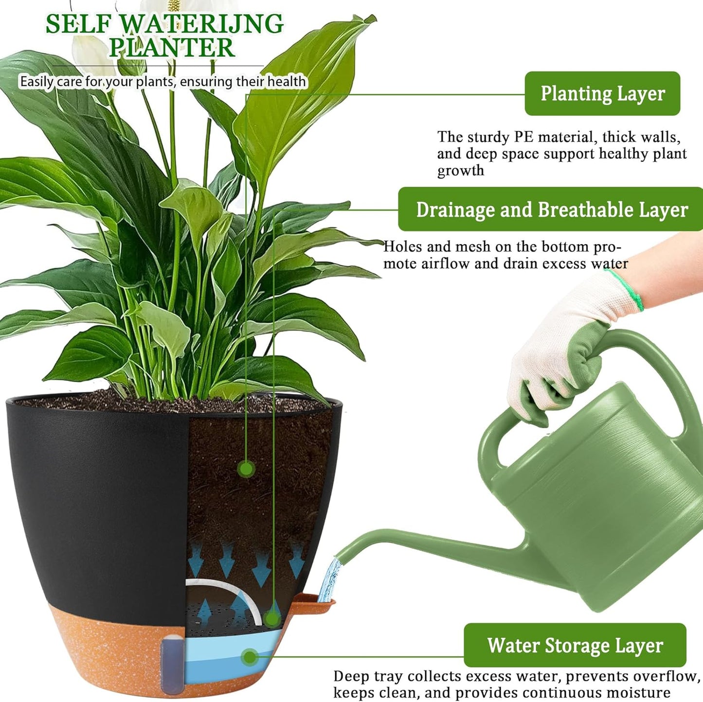 2 Pack 10 inch Plant Pots, Plastic Self Watering Planters with Drainage Holes, Deep Reservoir, Water Level Indicator, Modern Decorative Flower Pots for Indoor Outdoor Plants (Black, 10 inch)