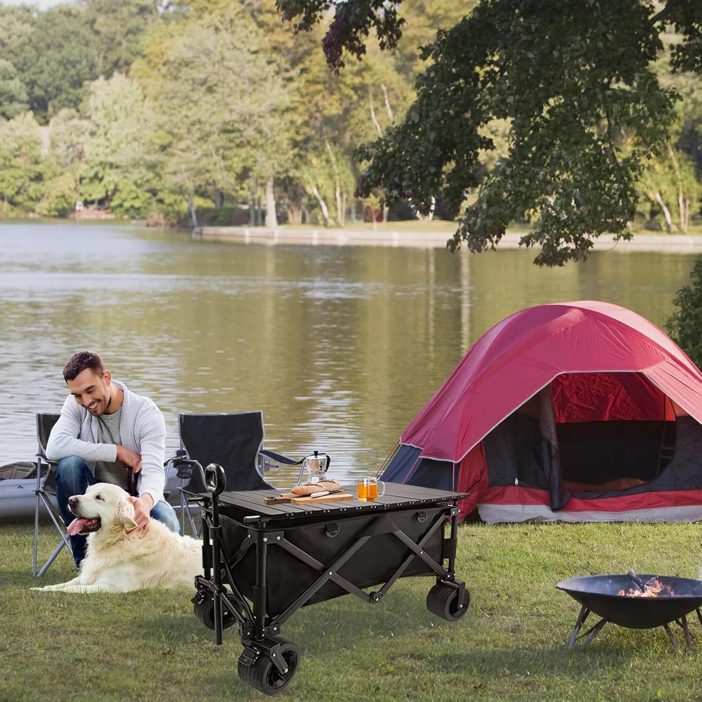 Collapsible Foldable Wagon Cart with Big Wheels and Tabletop, Large Capacity 440Lbs Folding Utility Wagon Carts for Sand, Beach, Camping, Shopping, Sport (Black)