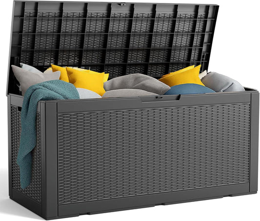 100 Gallon Resin Deck Box, Lockable Patio Outdoor Storage Box for Furniture, Garden Tools and Tools Storage, Waterproof Outside Storage Boxes - Black