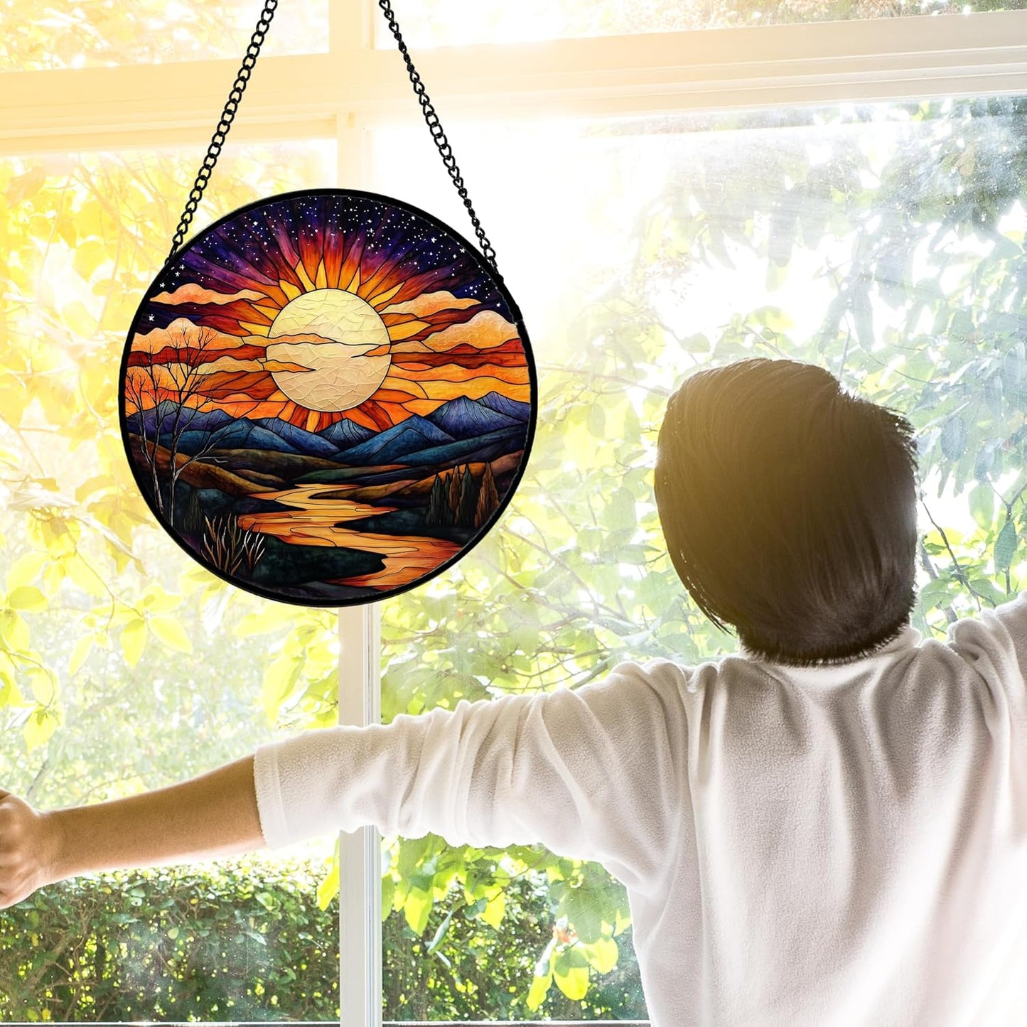 Stained Glass Window Hanging, The Sun Shines Brightly on Lake Sun Catchers Colorful Glass Panel Suncatcher Decor for Birthday for Women, Men, Wife, Lovers, and Mom 9.8 in