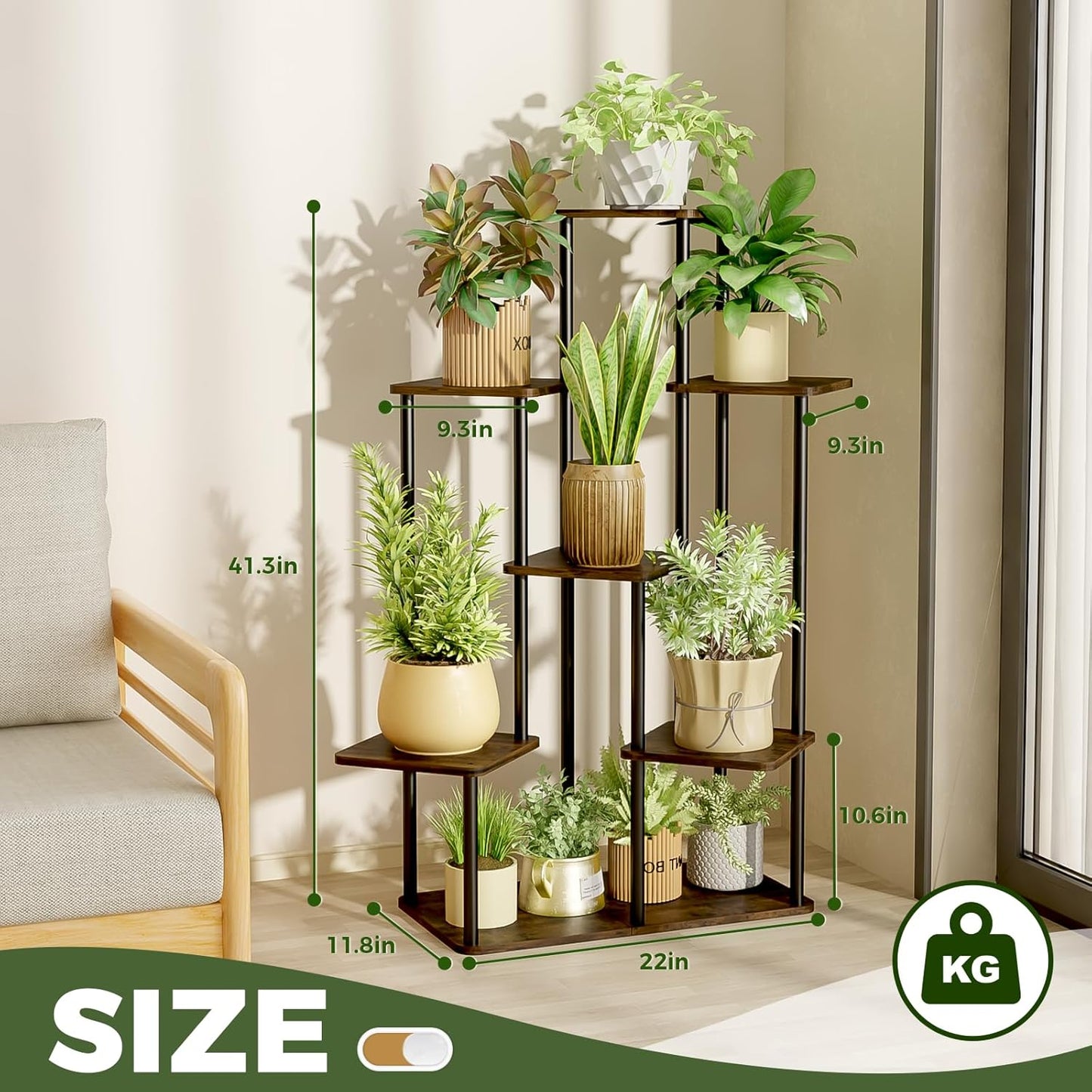 Tall Plant Stand Indoor 7 Tiered Plant Shelf for Multiple Plants Coner Shelf Stand Wood Plant Stand Metal Shelving for Living Room Bedroom Balcony Patio Brown Oak