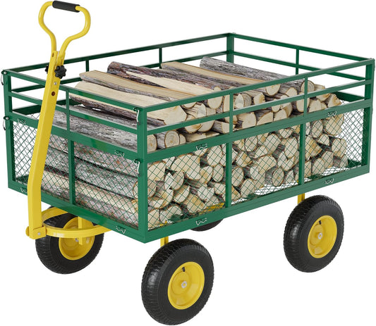 3-in-1 Heavy-Duty Steel Garden Cart, 1400 Lbs Garden Wagon, with 13 Inch All-Terrain Tires and Removable Mesh Side Panels, 180° Rotating Handle, Metal Utility Yard Trailer, Outdoor Gardens Wagon Cart