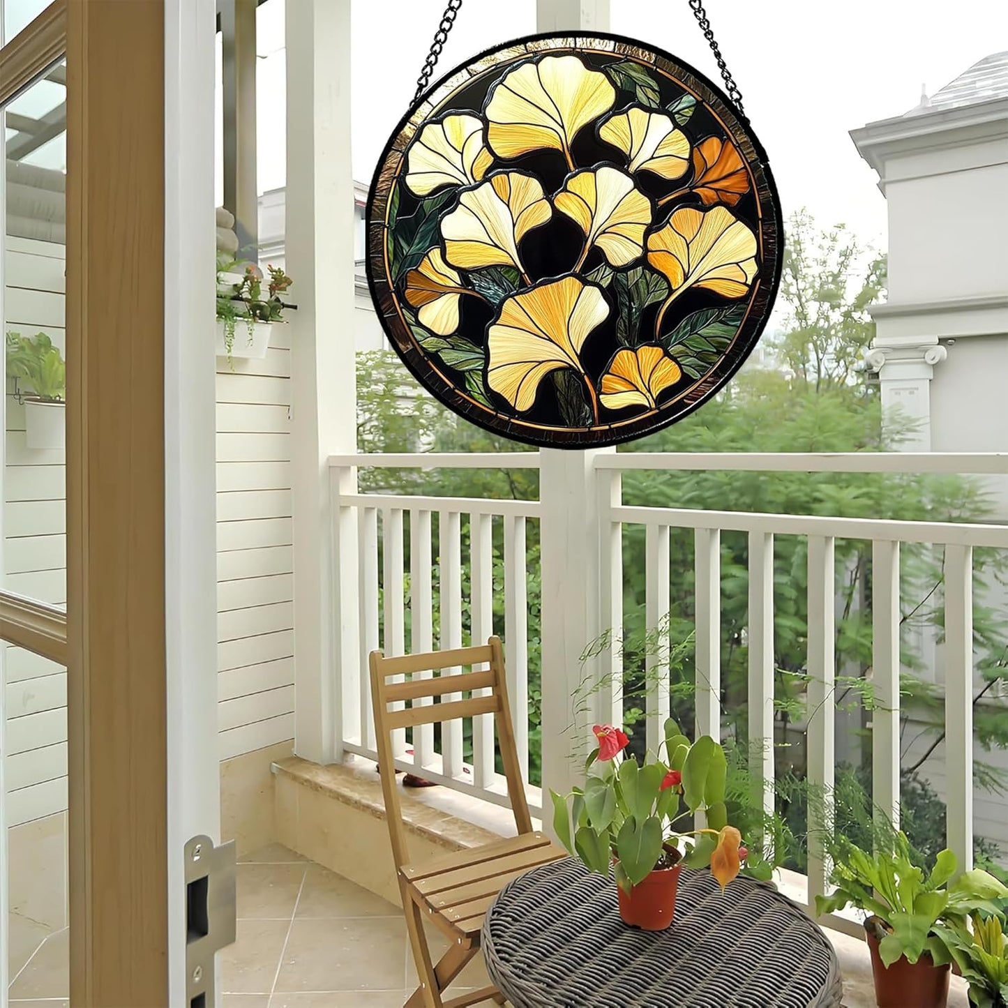Stained Glass Window Hanging - Ginkgo Leaf Suncatcher for Doors Garden Patio Retro Fall Decor Sun Catchers Christmas Mother's Day Birthday Gifts for Women Men Mom Nana Friend 7.8 in