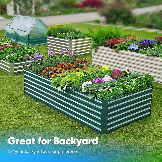 Quictent Galvanized Raised Garden Bed Metal Planter Box Bottomless for Backyard Outdoor, Include 1 pc Tomato Cage, Dark Green, 6x3x2 Ft