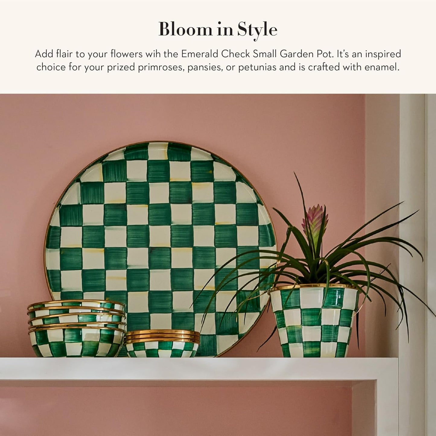 MACKENZIE-CHILDS Enamel Garden Pot, Decorative Pot for Plants, Outdoor Flowerpot Decor, Small, Green-and-White Emerald Check