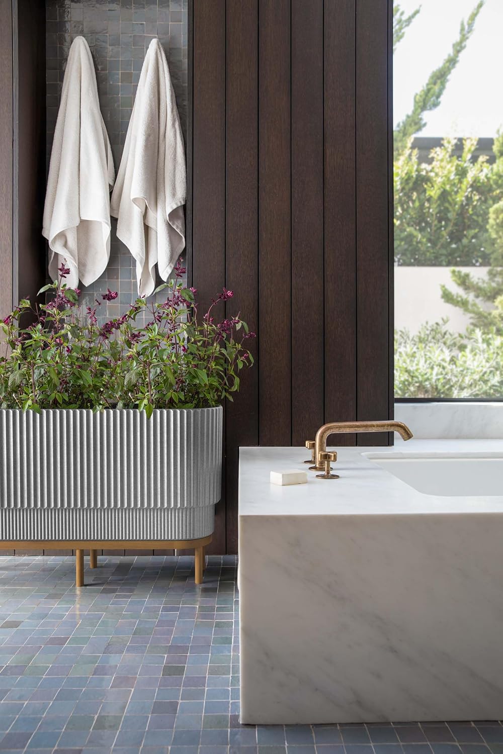 Veradek Demi Series Raised Long Planter for Indoor/Outdoor Use | Made from Plastic & Stone w/Wooden Stand | Modern Patio Décor for Flowers/Shrubs