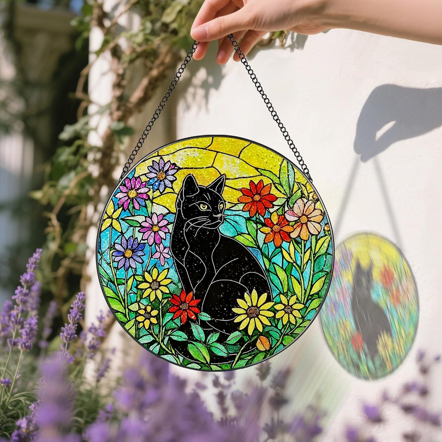 Black Cat Stained Glass Window Hanging, 8 Inch Sun Catchers Indoor Window, Suncatchers for Windows Hanging, Home Decor and Christmas, Festival, Mother's Day, Birthday, Gifts for Women, Men, Cat Lovers