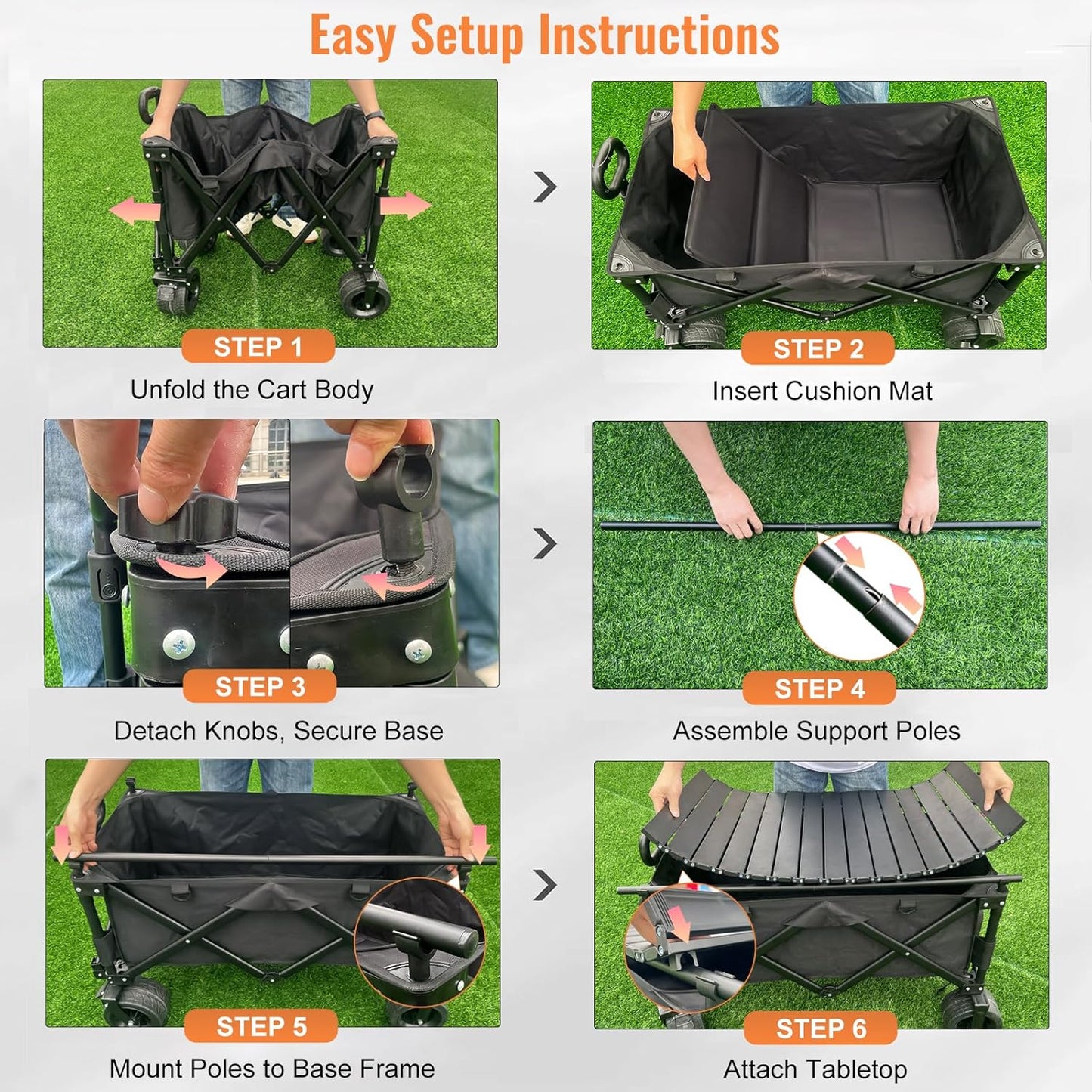 Collapsible Foldable Wagon Cart with Big Wheels and Tabletop, Large Capacity 440Lbs Folding Utility Wagon Carts for Sand, Beach, Camping, Shopping, Sport (Black)