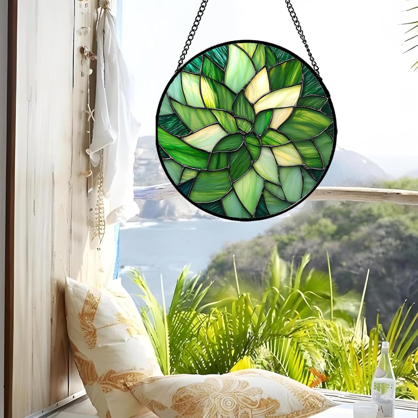 Stained Glass Window Hanging - Green Plants Suncatcher for Doors Garden Patio Flowers Sun Catchers Decor Christmas Mother's Day Birthday Gifts for Women Men Mom Nana Friend 11.8 in