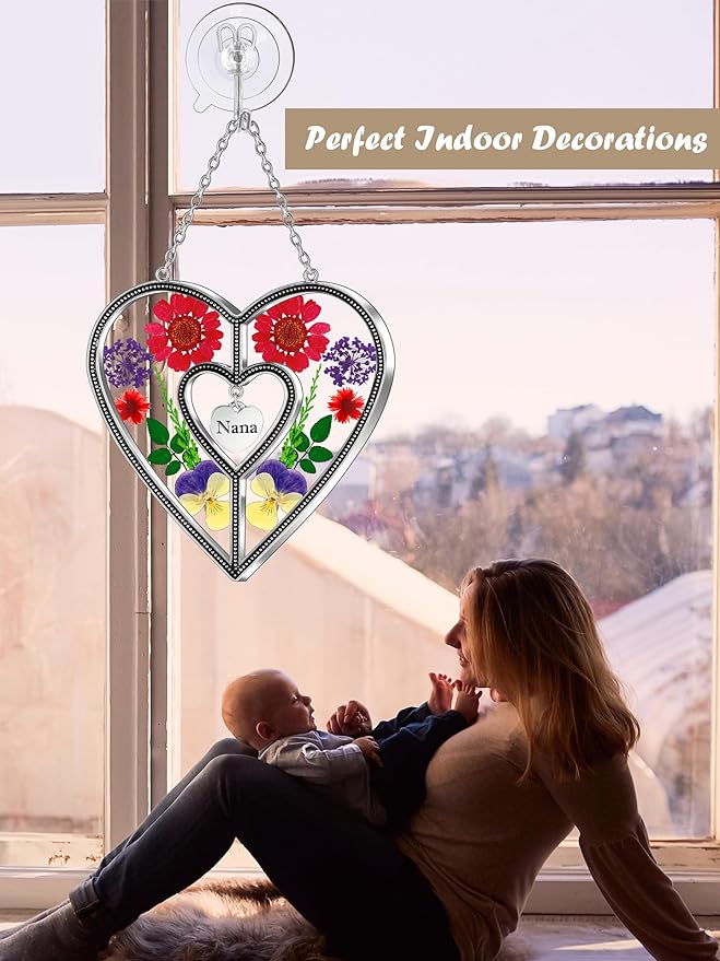 KY&BOSAM Heart Suncatcher Nana Stained Glass Panles Hangings for Windows Ornament Sun Catchers with Pressed Real Flower Heart Embedded in Glass Birthday Gifts for Nana Mother`s Day Home Garden Decor