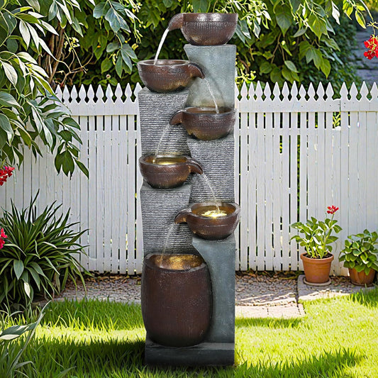 53.5in High Outdoor Indoor Water Fountain, 6-Tiered Poly-Resin Waterfall Fountain with LED Lights, Decorative Floor Standing Fountain for Garden, Patio, Yard, Home Decor