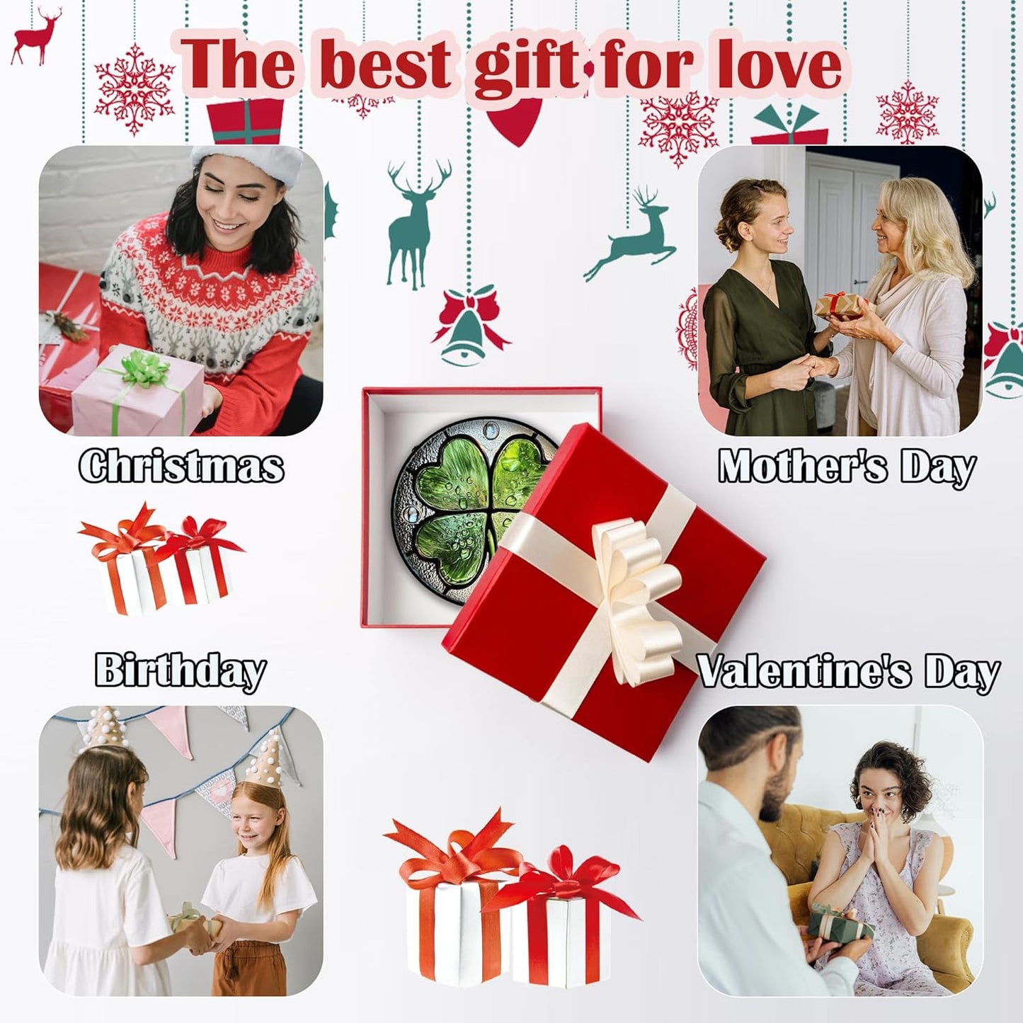 Stained Glass Window Hanging, Green Silver 4 Leaf Clover Sun Catcher for Window Door Home Decor Plant Suncatcher Christmas Mother's Day Birthday Gifts for Women Men Mom Nana 7.8 in