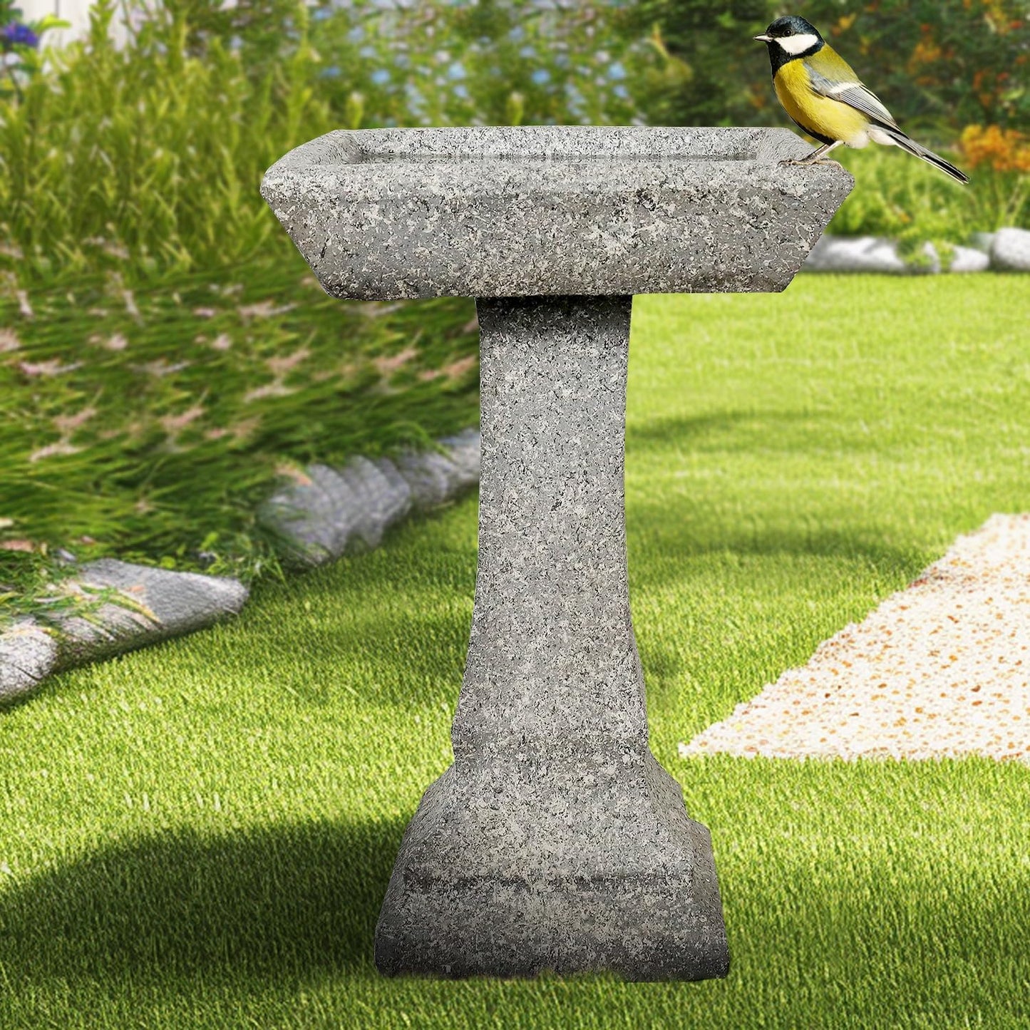watnature Freestanding Birdbaths Outdoor - 15”Dia.X 22.8”Tall Concrete Standing Garden Bird Bath Feeder Bowl with Pedestal, Modern Outdoor Birdbath for Patio, Yard, Lawn Decor, Bird Bathing&Feeding