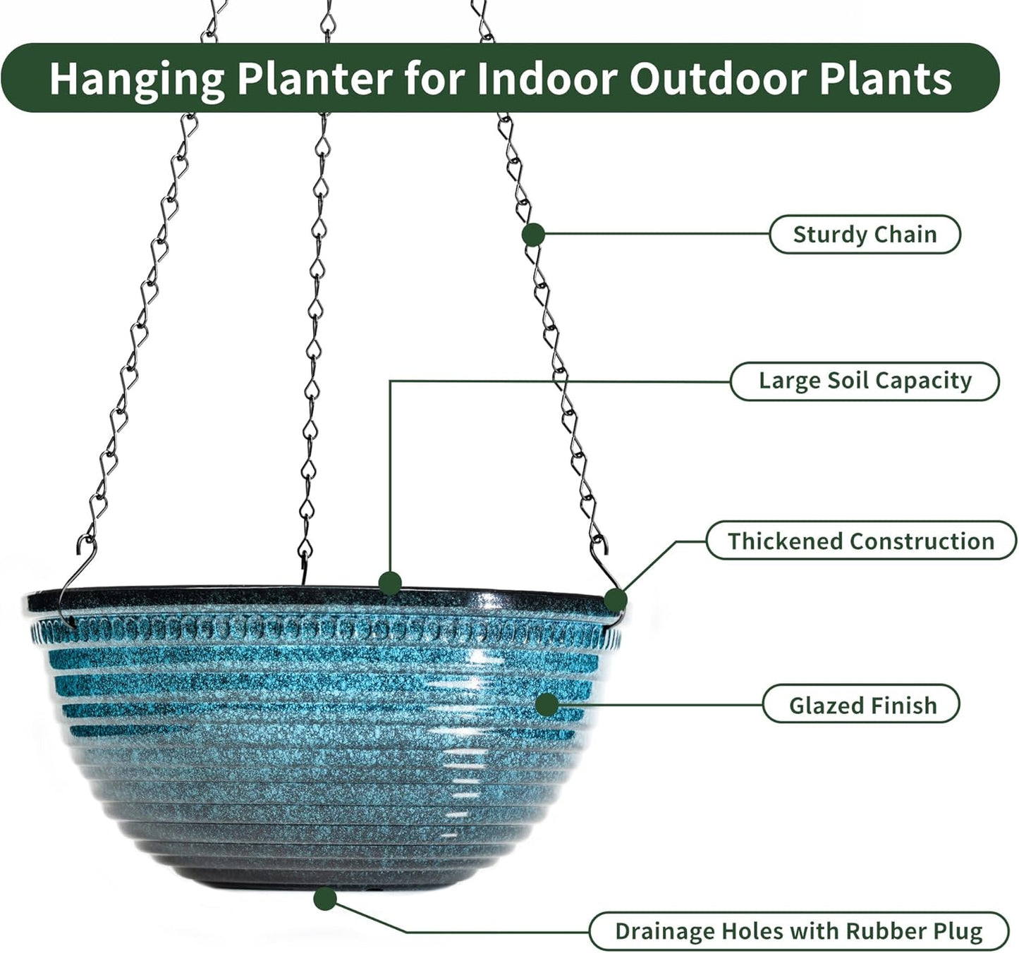 12 inch Large Hanging Planters for Indoor Outdoor Plants, Set of 2 Glazed Hanging Flower Pots with Drainage Hole, Hanging Baskets for Garden Home Porch Decor
