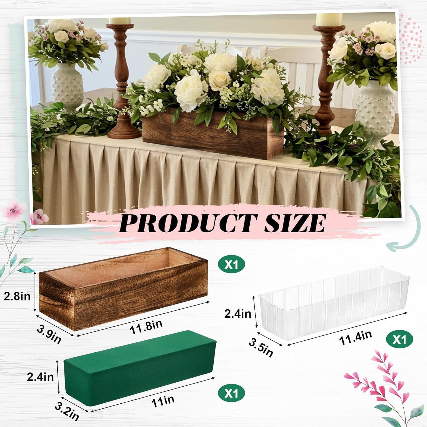Dandat 1 Set Wood Boxes for Centerpieces 12x4 Inch Rectangle Wooden Planter Box Rustic Wood Planter with Removable Plastic Liner Floral Foam Blocks for Centerpieces Home Wedding Garden Decor