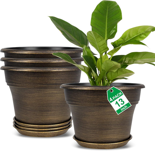 Plant Planters Pots Set of 4 Pack 13 Inch，Large Plastic Flower Pot for Indoor Plants with Drainage Holes & Trays, Resin Decorative Container Sets with Saucer for House Outdoor Garden Plant Dark Gold