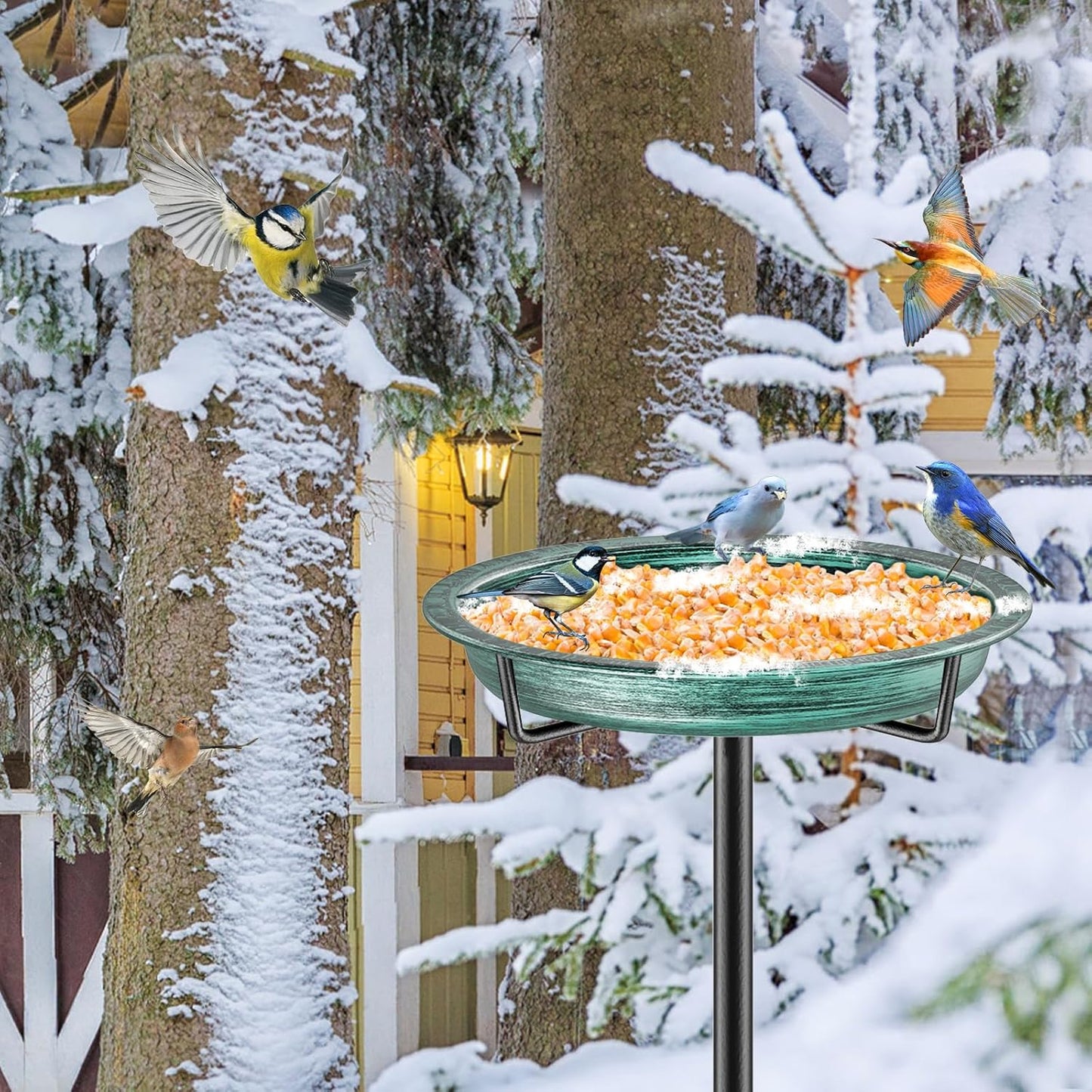 Bird Baths for Outdoors, Detachable Birdbaths for The Garden Clearance, Heavy Duty Freestanding Bird Baths, Bird Bath Bowl Spa & Birdfeeder with Metal Stake Stand (Retro Green)