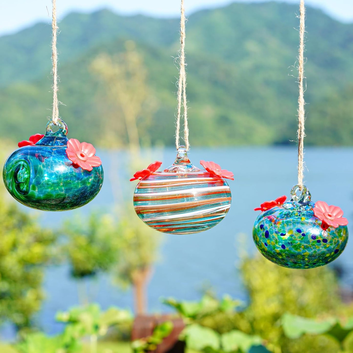 3PCS Small Glass Hummingbird Feeders for Outdoors Hand Blown Glass Humming Bird Feeder for Window Hanging Ant and Bee Proof Humming Birds Feeders