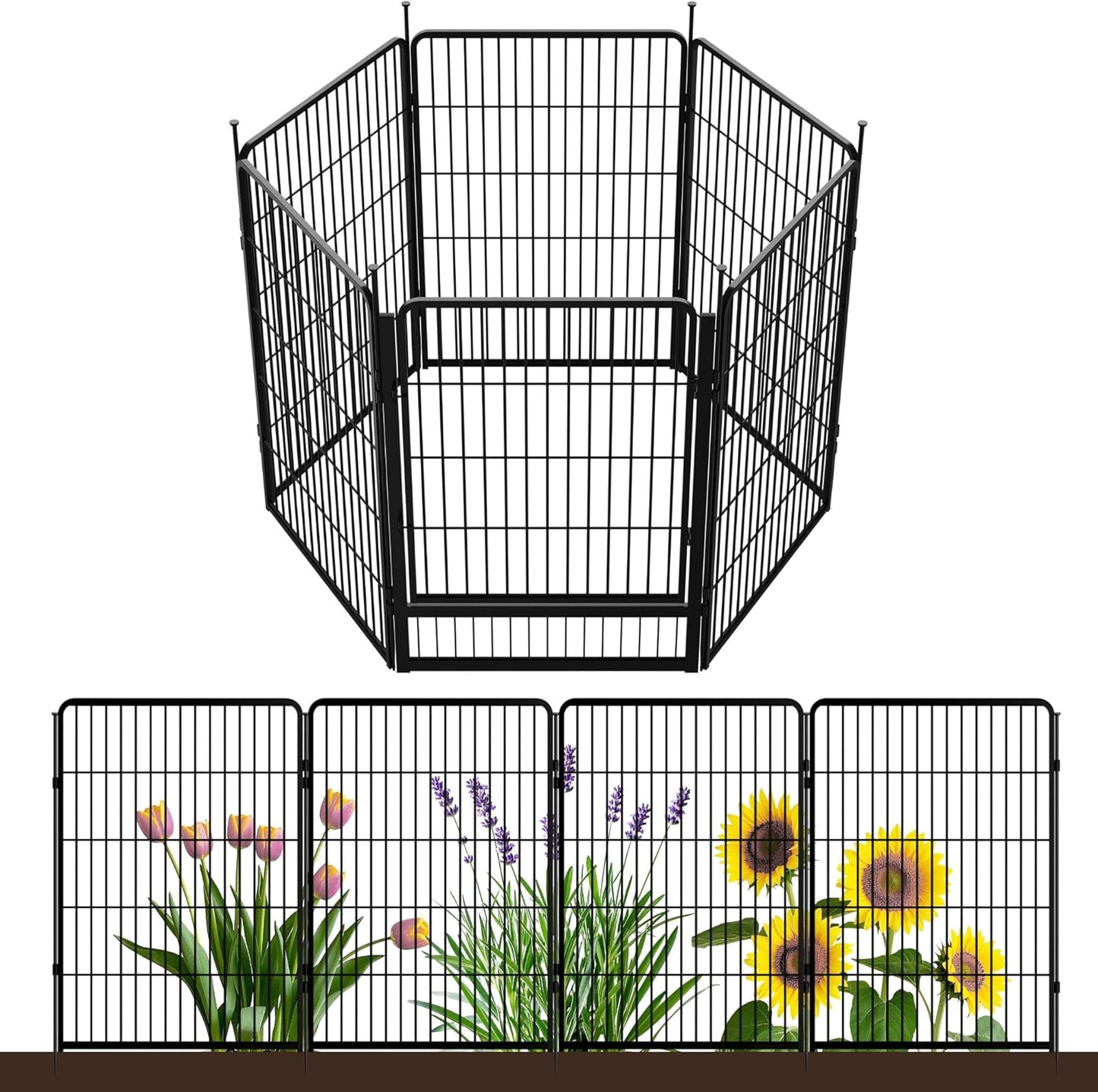 Decorative Garden Fence with Gate 40 in(H) x 13.4 ft(L) 6 Panels, Heavy Duty Metal Animal Barrier Fence for Yard, Flower Bed Fencing, Garden Border Fence, Easy Set Up, Black