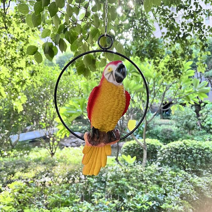 Lifelike Parrot Garden Statues Hanging Decor Ornaments Figurines Sculpture for Patio Lawn Yard, Blue Tail (Red Tail)