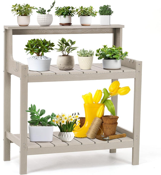 Potting Bench Outdoor Potting Table with 4 Side Hooks All-Weather Potters Benches HDPS Gardening Table Work Station Outdoor Potting Bench for Garden Porch Grey