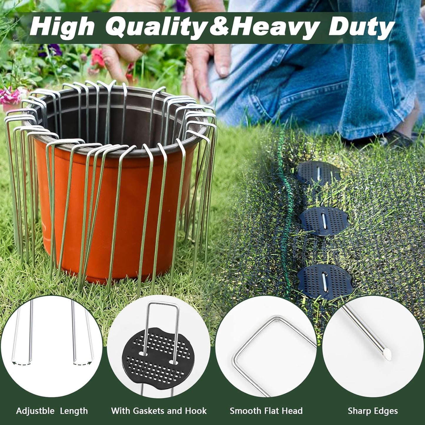 FEED GARDEN 6 Inch 100 Pcs Galvanized Landscape Staples 100 Pcs Gaskets Pick Hook Garden Stakes 11 Gauge Anti-Rust Landscaping Fabric SOD Pins U Shaped Yard Turf Stakes for Weed Barrier Fabric