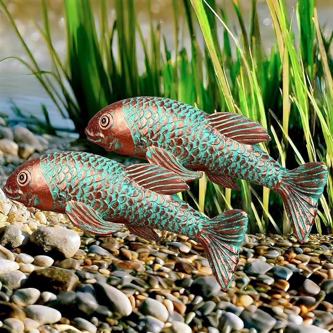 Garden Statues,Koi Fish Decor,Set of 2 Antique Koi Fish Garden Statue,Fish Sculpture Garden for Outdoors,Patio Decor,Backyard and Home Kitchen Decoration,Gardening Gifts for Mom Women Grandma