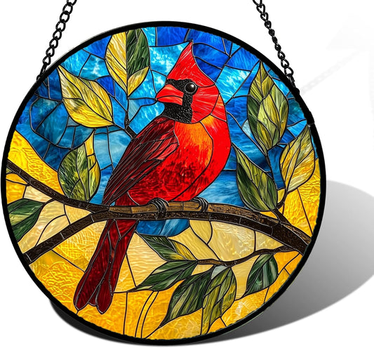 Stained Glass Window Hanging, Blue Sky Cardinal Sun Catchers Colorful Glass Panel Red Birds Suncatcher Decor for Birthday for Women, Men, Wife, Aunt, and Mom 6.3 in