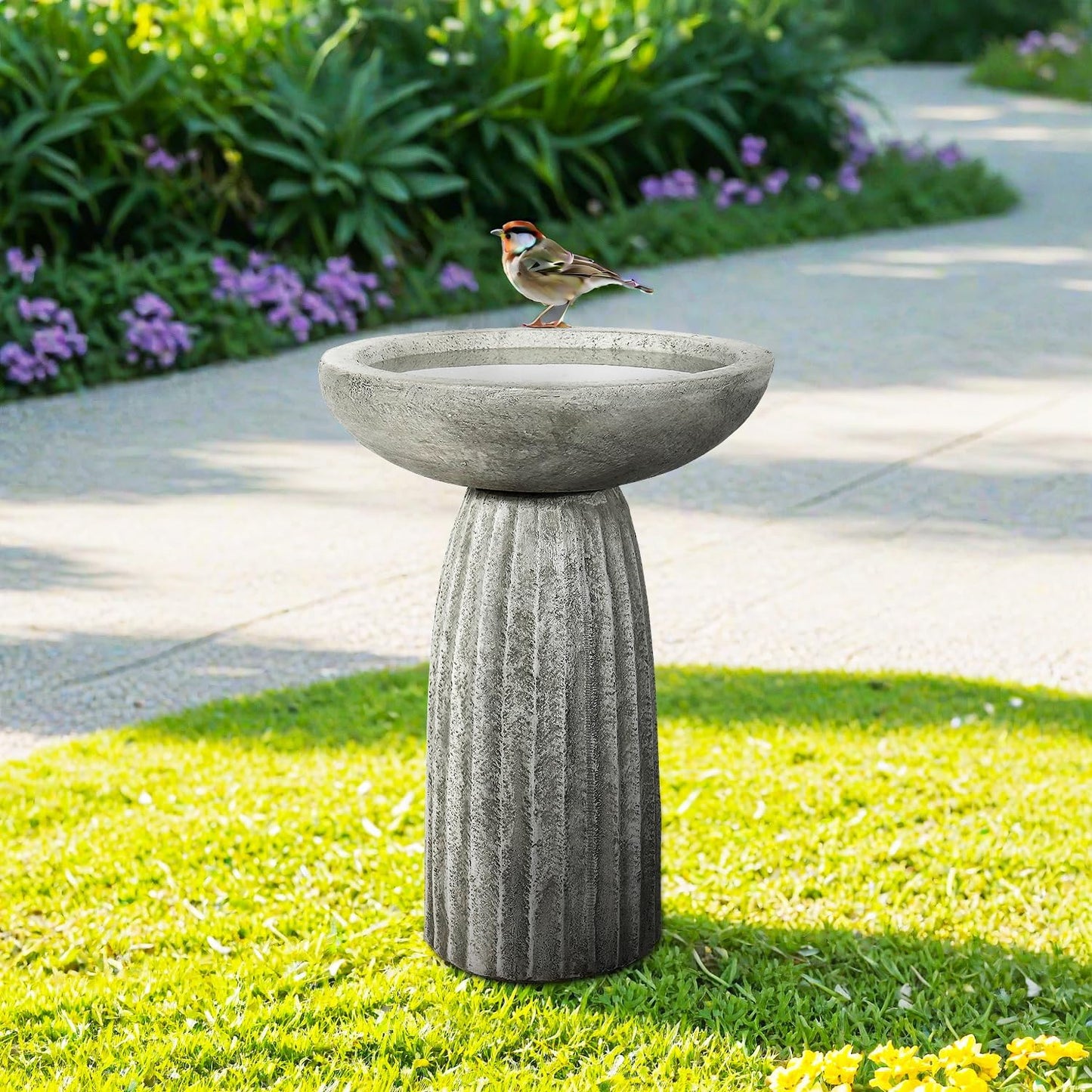 SunJet Modern Bird Bath, 24.4inches Height Fibre-Reinforced Concrete Birdbath with Textured Pedestal for Outdoor Garden, Yard, Lawn Decor