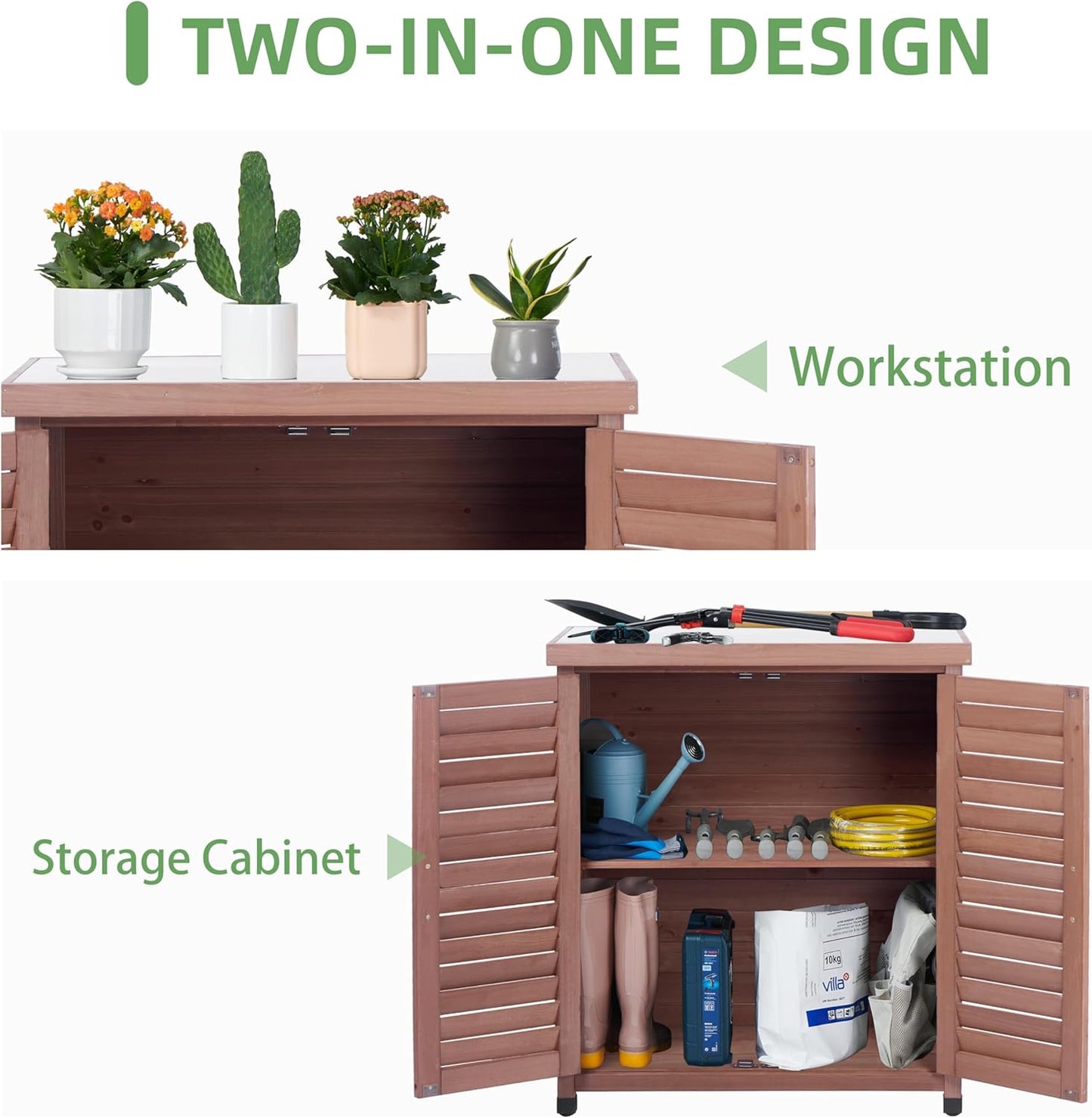 Potting Bench with Storage Cabinet and Metal Table Top for Outdoor Patio, Garden Furniture Wood Workstation