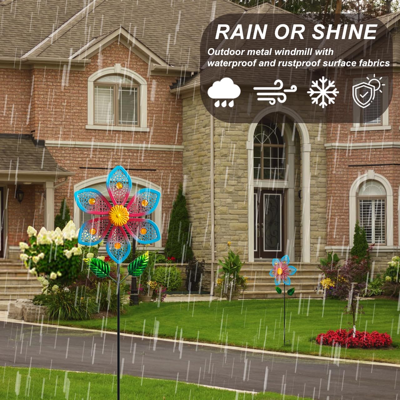 2 Pack Metal Wind Spinners for Garden Decor - Outdoor Windmill Sculptures, Durable Yard Art Wind Spinners Metal Wind Spinner for Patio Lawn Ornament, Vibrant Red & Blue Garden Spinners