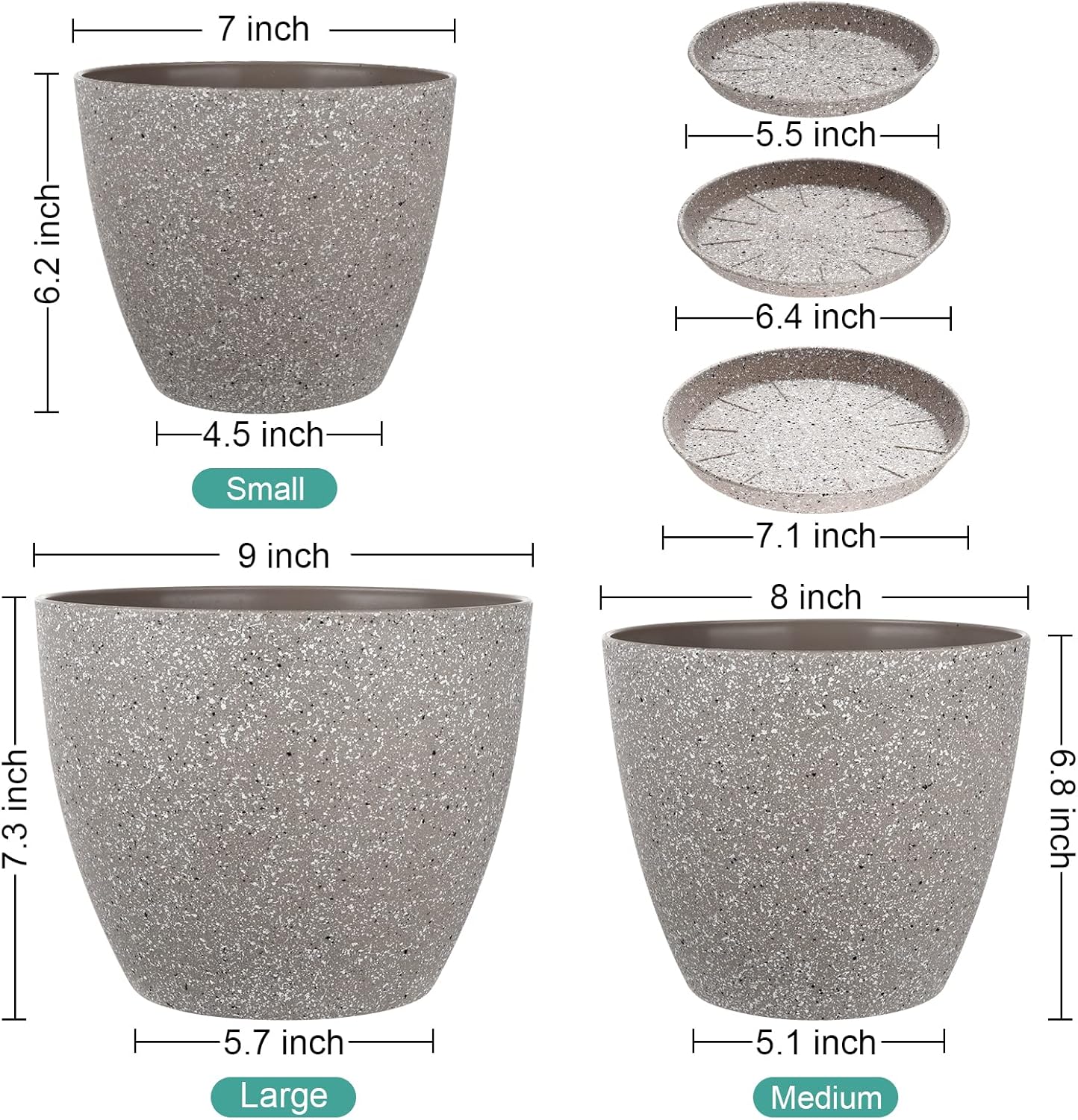 Vanavazon Plant Pots 9/8/7 Inch Set of 3 Flower Pots Indoor Outdoor Plastic Planters with Drainage Hole and Tray (Speckled Beige)