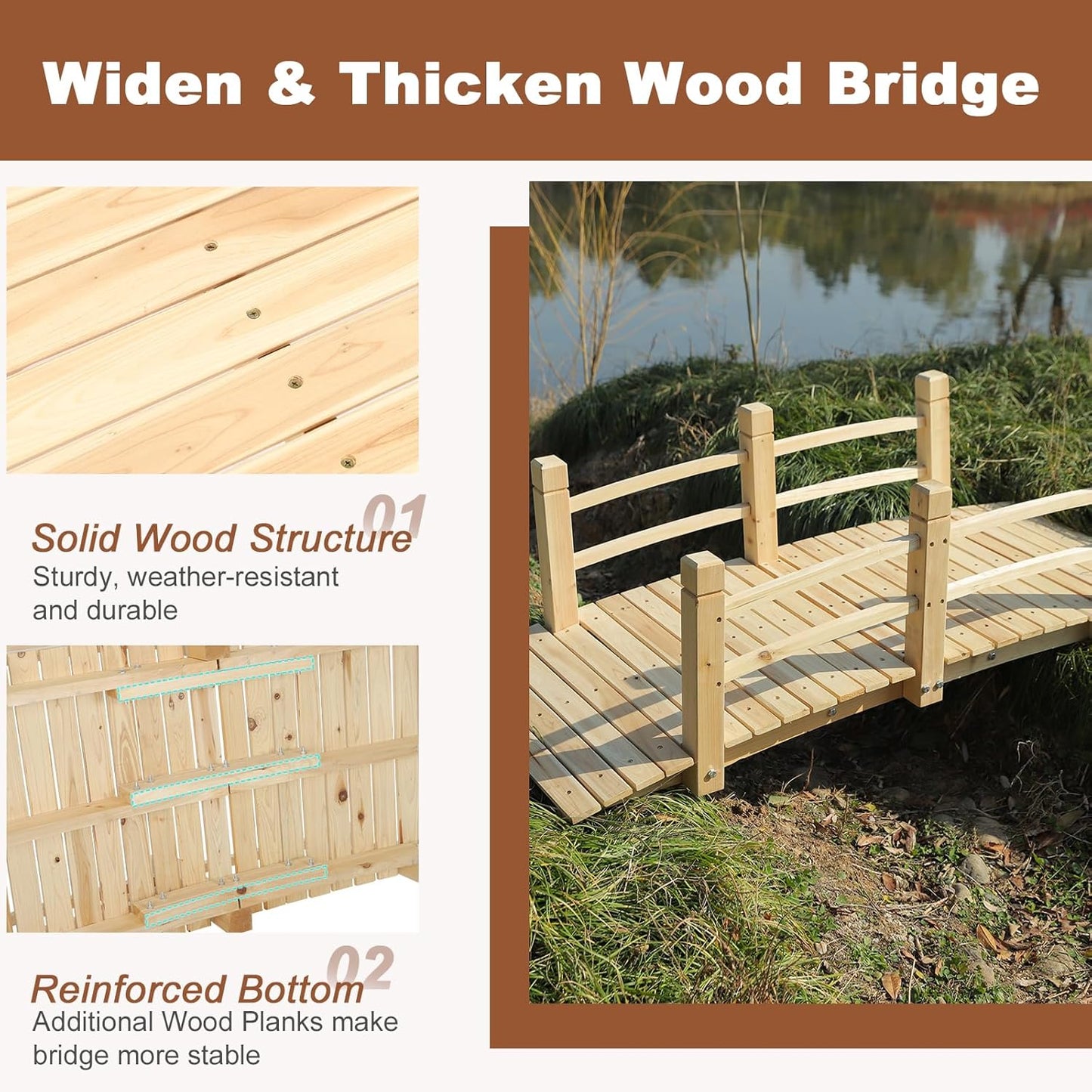 HOMEDIARY Fir Wood Garden Bridge, Outdoor Arc Footbridge Walkway with Double Safety Railings, Decorative Pond Bridge Landscaping w/550lbs Capacity for Backyard Garden Creek Pond Decor, Natural