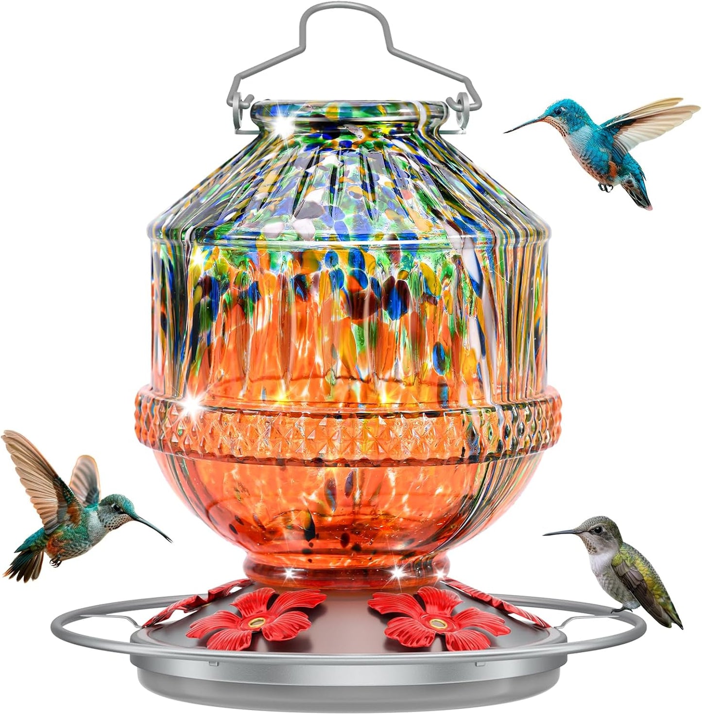 Blown Glass Hummingbird Feeders for Outdoors, 25 Ounces Wild Bird Nectar Feeder with Perch & 5 Flower Feeding Ports Leak Proof Hanging for Garden Backyard Decor, Gifts for Women Mom, Orange