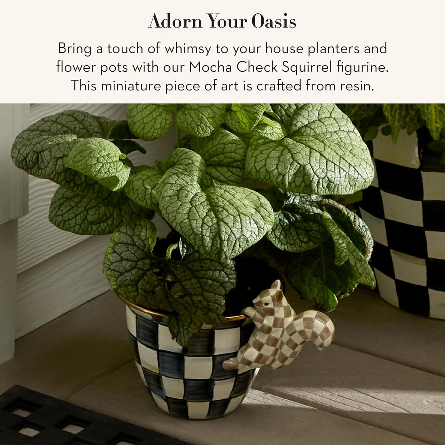 MACKENZIE-CHILDS Pot Climber, Outdoor Planter Hanging Decor, Brown-and-White Mocha Check Squirrel